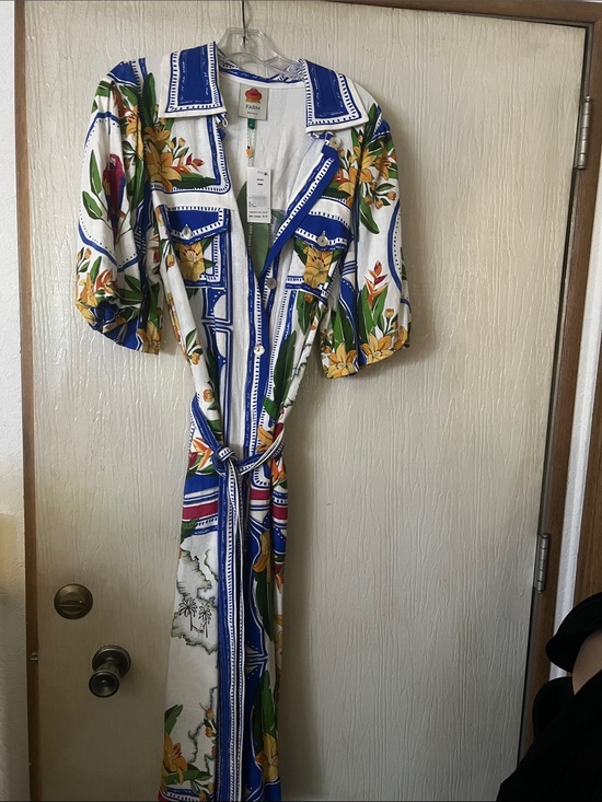 FARM Rio Dresses & Skirts - FARM Rio White Maxi Dress with Blue Trim and Yellow Floral Print